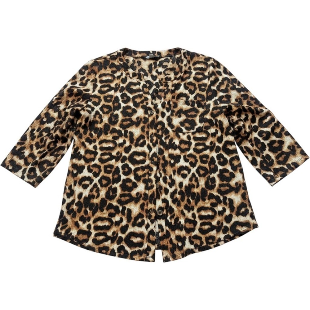 Leopard‎ Print Button Front Blouse L Golden Leopard Textured Animal Print Top